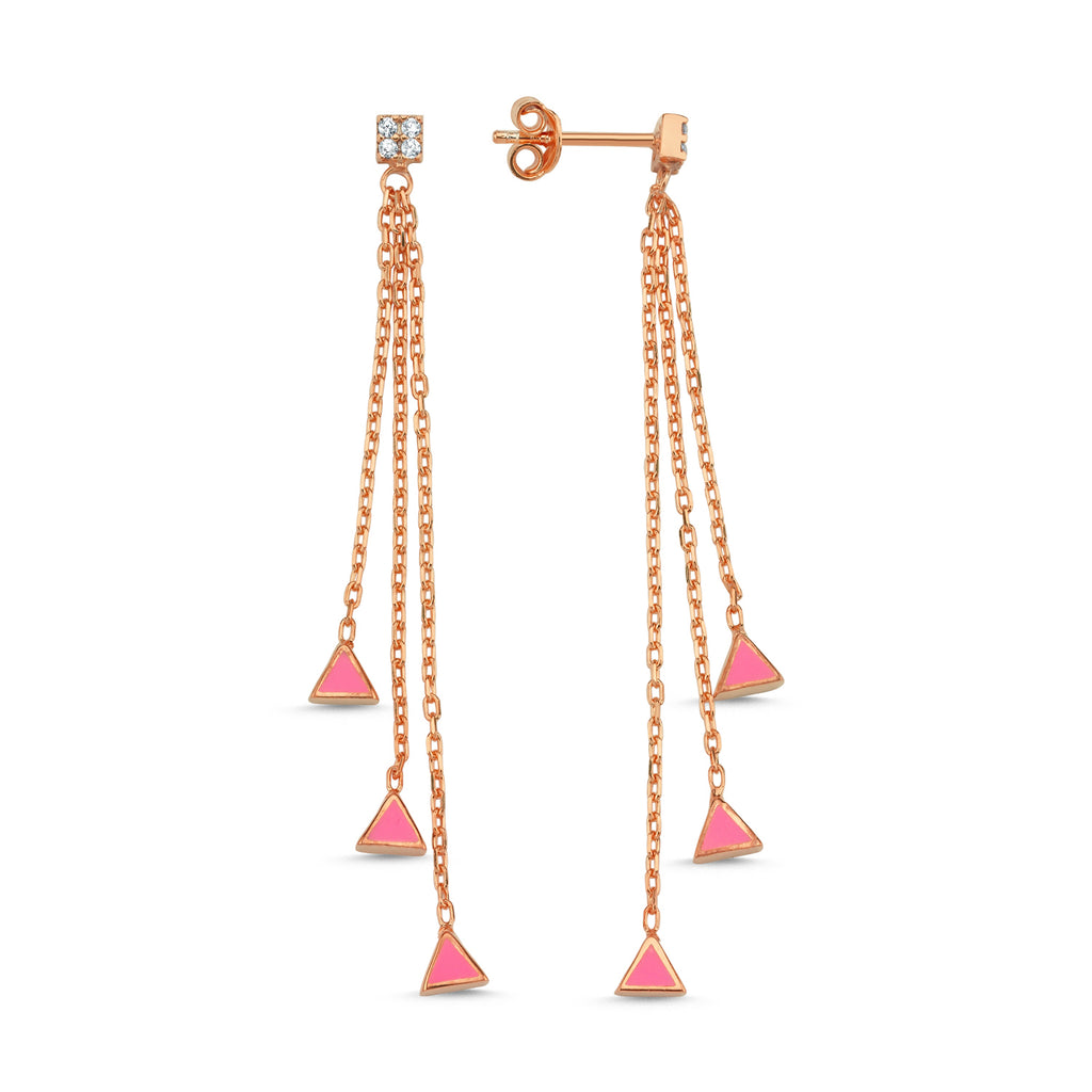 Trendy Hanging Pink Enamel Triangle Earring 925 Crt Sterling Silver Gold Plated Handcraft Wholesale Turkish Jewelry