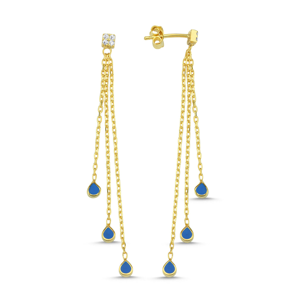 Trendy Hanging Navy Blue Enamel Drop Earring 925 Crt Sterling Silver Gold Plated Handcraft Wholesale Turkish Jewelry