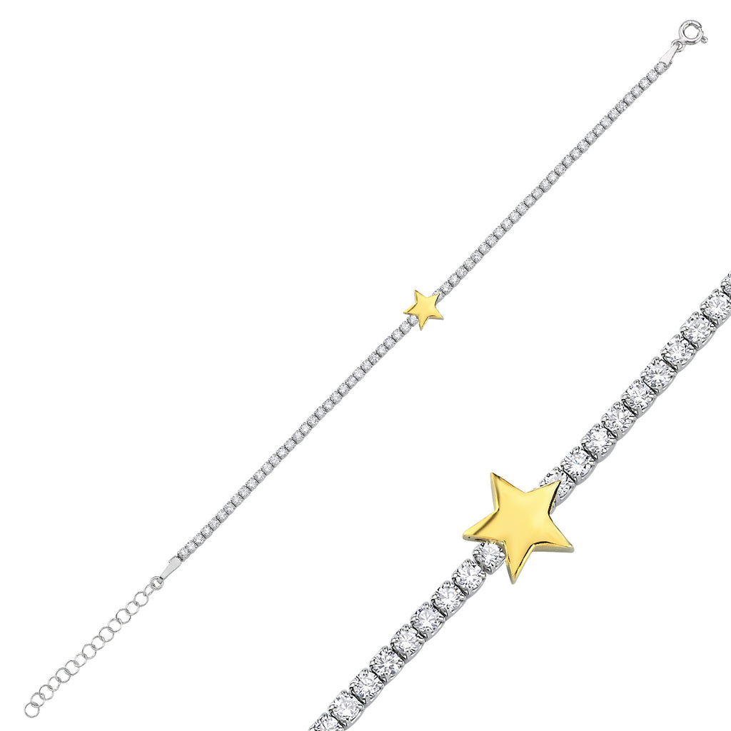 Trendy Tennis Chain Mini Plain Star Bracelet 925 Crt Sterling Silver Gold Plated Handcraft Wholesale Turkish Jewelry