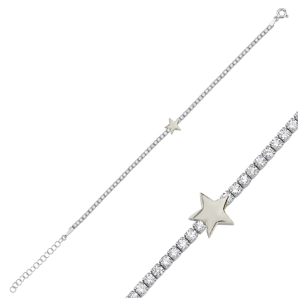 Trendy Tennis Chain Mini Plain Star Bracelet 925 Crt Sterling Silver Gold Plated Handcraft Wholesale Turkish Jewelry