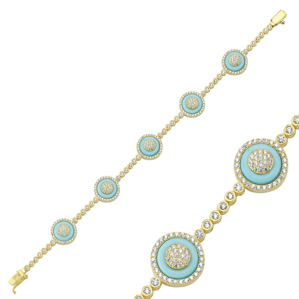 Trendy Tennis Chain Turquoise Round Stones Bracelet 925 Crt Sterling Silver Gold Plated Handcraft Wholesale Turkish Jewelry
