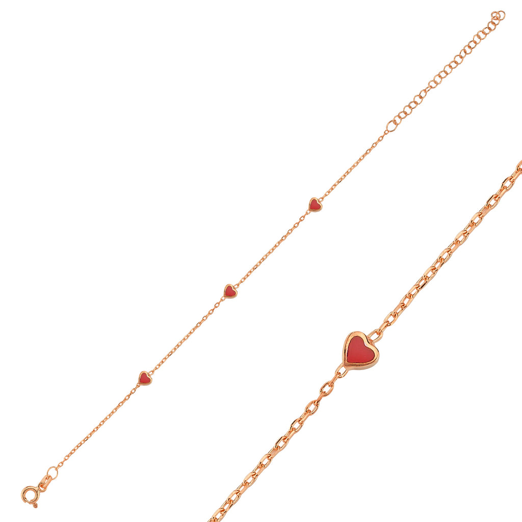Trendy Red Enemal Mini Hearts Bracelet 925 Crt Sterling Silver Gold Plated Handcraft Wholesale Turkish Jewelry