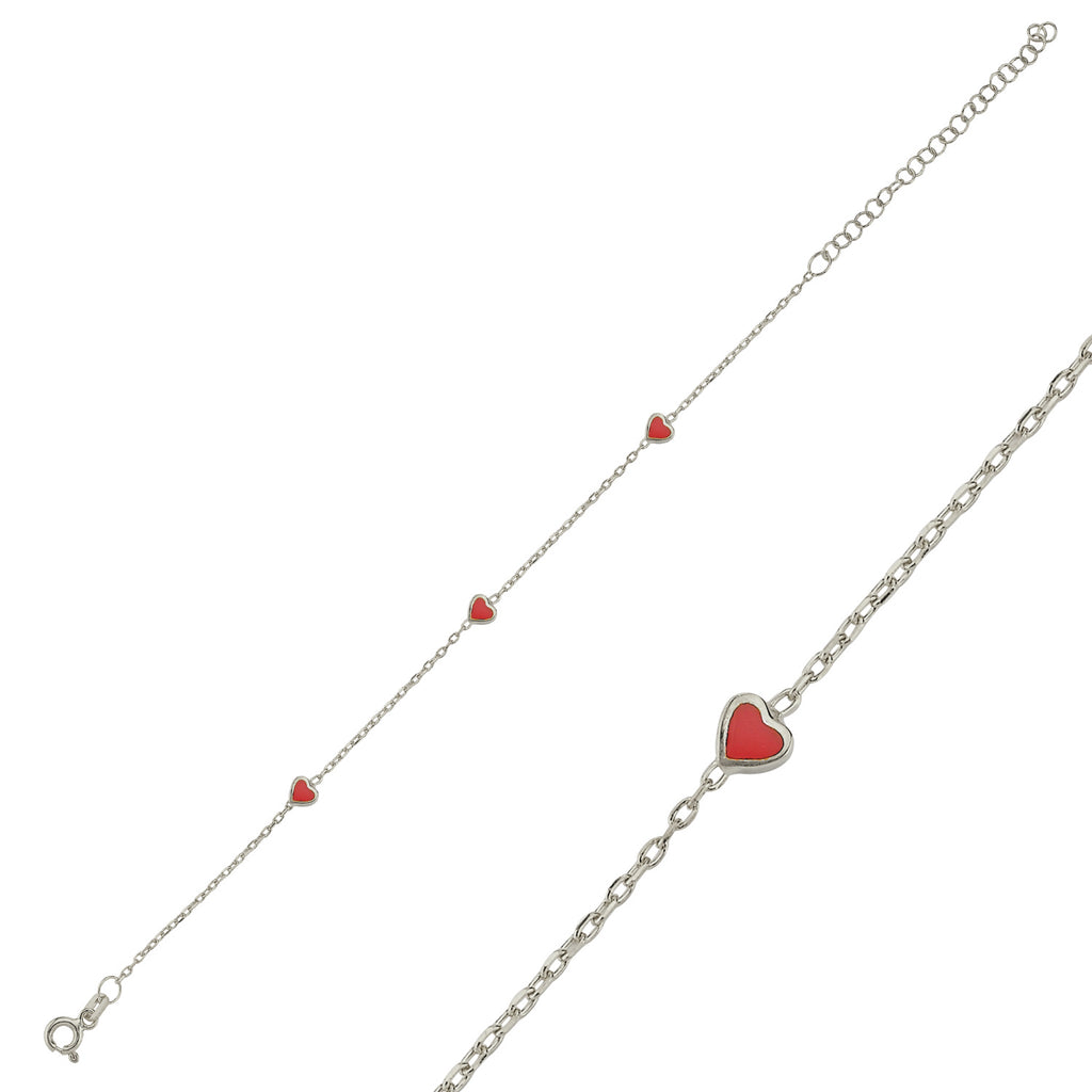 Trendy Red Enemal Mini Hearts Bracelet 925 Crt Sterling Silver Gold Plated Handcraft Wholesale Turkish Jewelry