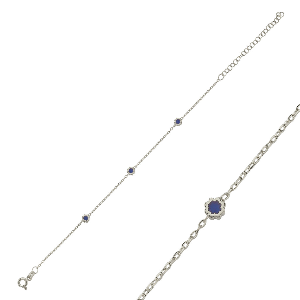 Trendy Navy Blue Enemal Flower Bracelet 925 Crt Sterling Silver Gold Plated Handcraft Wholesale Turkish Jewelry