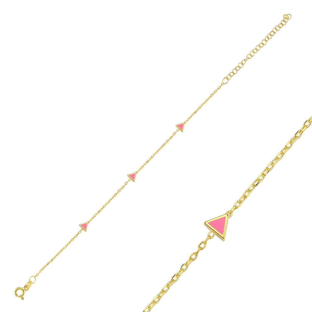 Trendy Pink Enemal Mini Triangles Bracelet 925 Crt Sterling Silver Gold Plated Handcraft Wholesale Turkish Jewelry