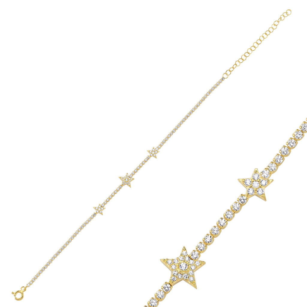 Trendy Mini Zirconia Stars Bracelet 925 Crt Sterling Silver Gold Plated Handcraft Wholesale Turkish Jewelry