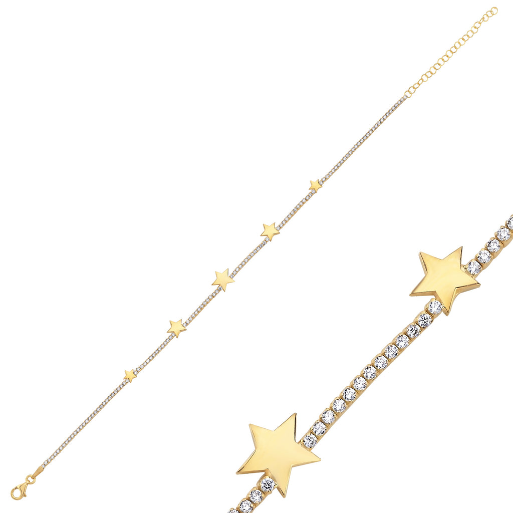 Trendy Tennis Chain Plain Star Bracelet 925 Crt Sterling Silver Gold Plated Handcraft Wholesale Turkish Jewelry