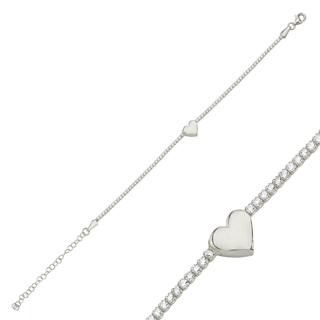 Trendy Tennis Chain Mini Plain Heart Bracelet 925 Crt Sterling Silver Gold Plated Handcraft Wholesale Turkish Jewelry