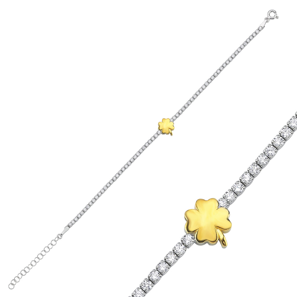 Trendy Tennis Chain Plain Clover Bracelet 925 Crt Sterling Silver Gold Plated Handcraft Wholesale Turkish Jewelry