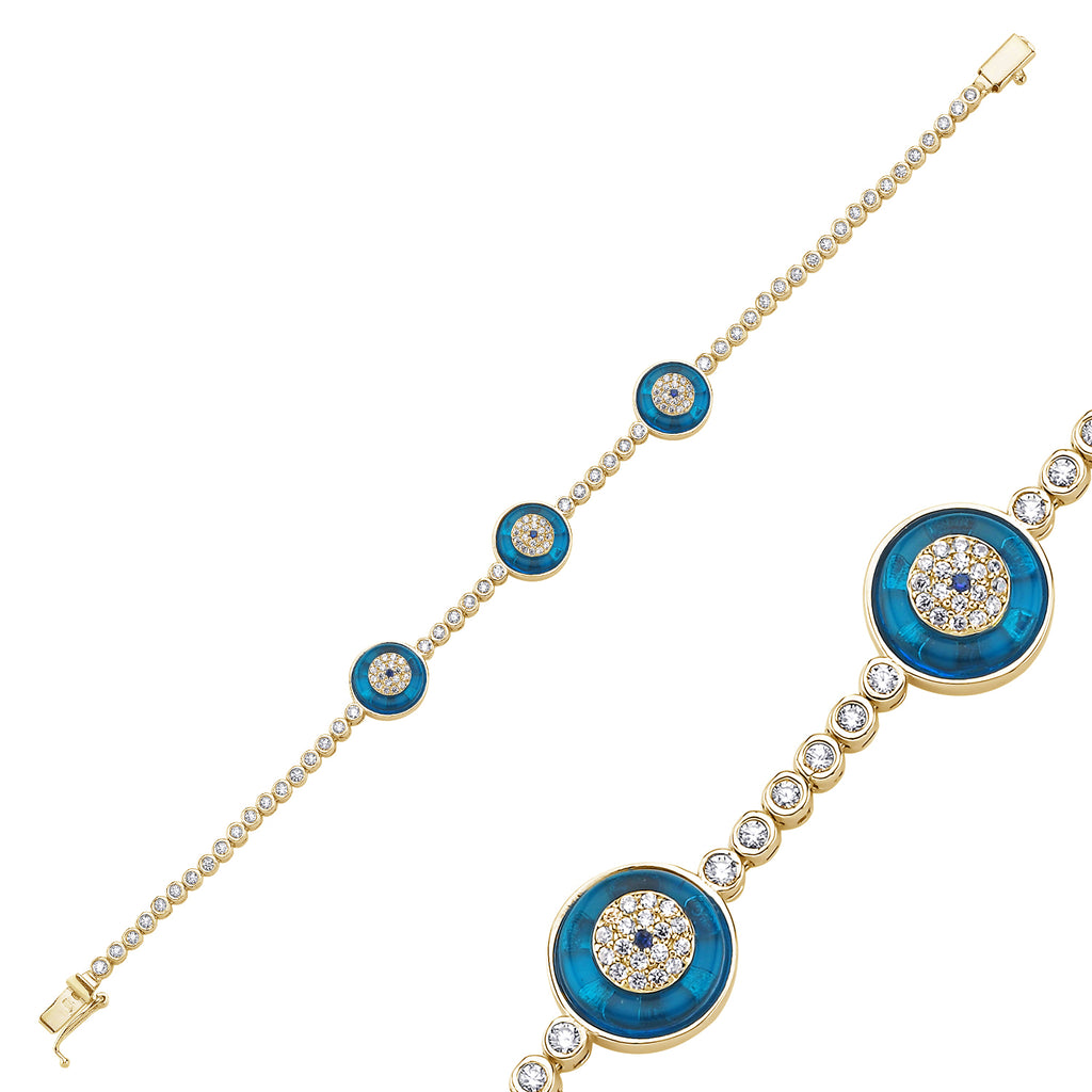 Trendy Tennis Chain Blue Round Stones Bracelet 925 Crt Sterling Silver Gold Plated Handcraft Wholesale Turkish Jewelry