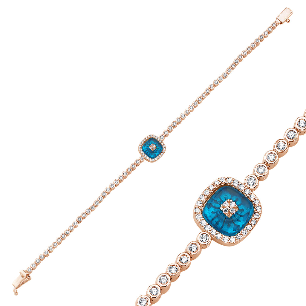 Trendy Tennis Chain Blue Square Stone Bracelet 925 Crt Sterling Silver Gold Plated Handcraft Wholesale Turkish Jewelry