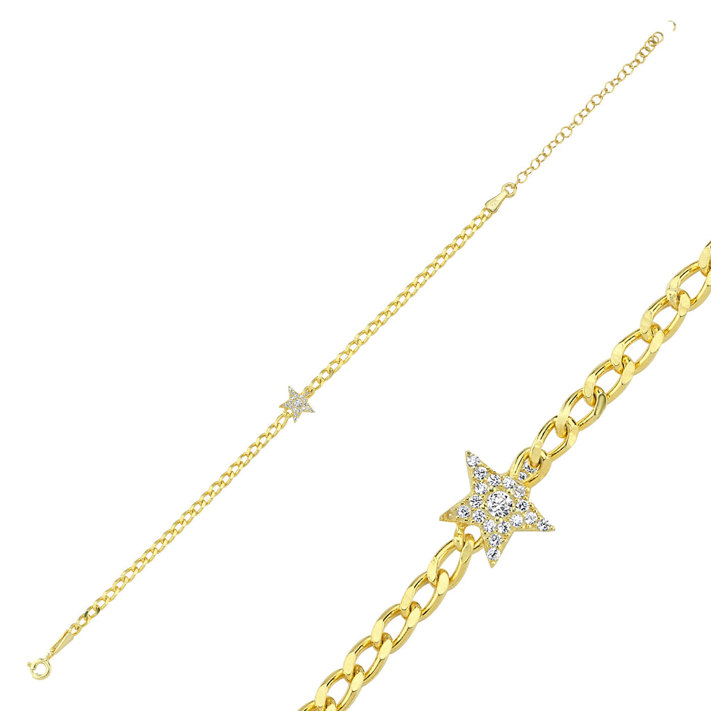 Trendy Zirconia Star Bracelet 925 Crt Sterling Silver Gold Plated Handcraft Wholesale Turkish Jewelry