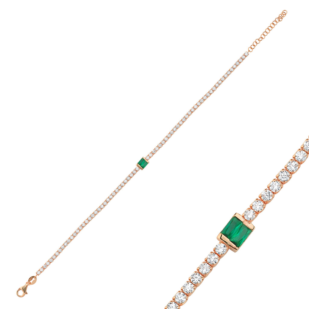 Trendy Tennis Chain Green Baquette Stones Bracelet 925 Crt Sterling Silver Gold Plated Handcraft Wholesale Turkish Jewelry