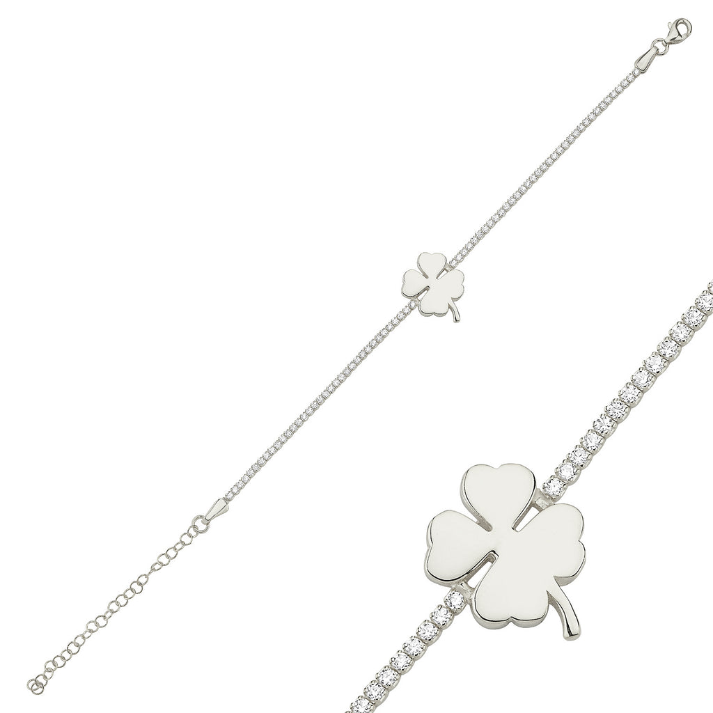 Trendy Tennis Chain Plain Clover Bracelet 925 Crt Sterling Silver Gold Plated Handcraft Wholesale Turkish Jewelry
