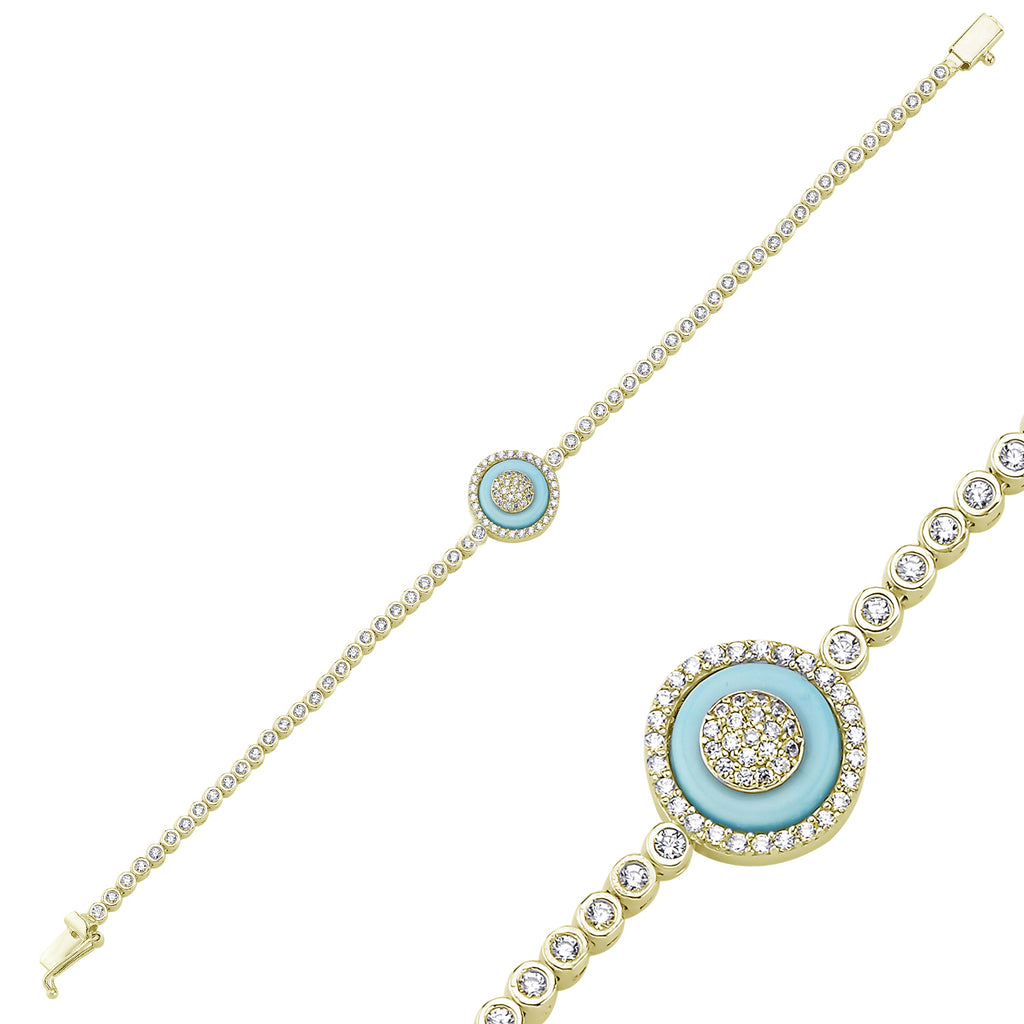 Trendy Tennis Chain Turquoise Round Stone Bracelet 925 Crt Sterling Silver Gold Plated Handcraft Wholesale Turkish Jewelry