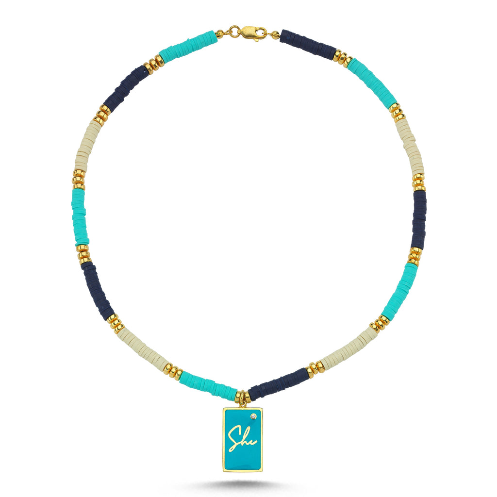 Trendy Summer Collection Turquoise Enamel Motto She Beaded Necklace Gold Plated Handcraft Unique Design Wholesale Turkish Jewelry