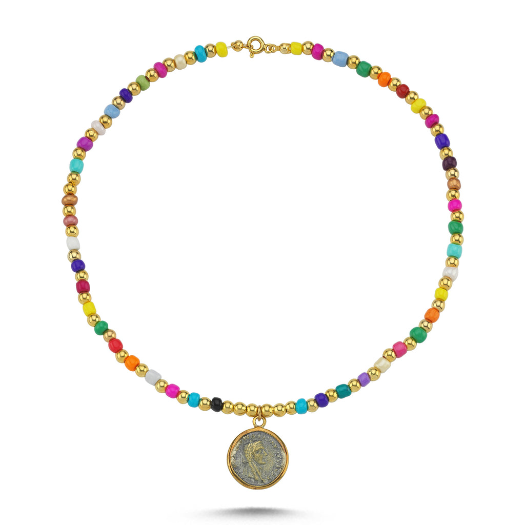Trendy Summer Collection Colorful Beaded Antique Coin Necklace Gold Plated Handcraft Unique Design Wholesale Turkish Jewellery