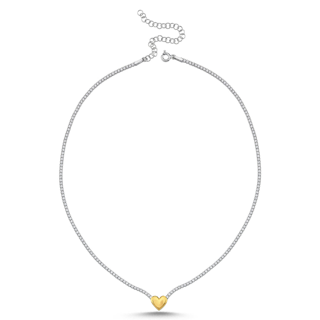 Trendy Tennis Chain Heart Necklace 925 Crt Sterling Silver Gold Plated Handcraft Wholesale Turkish Jewelry
