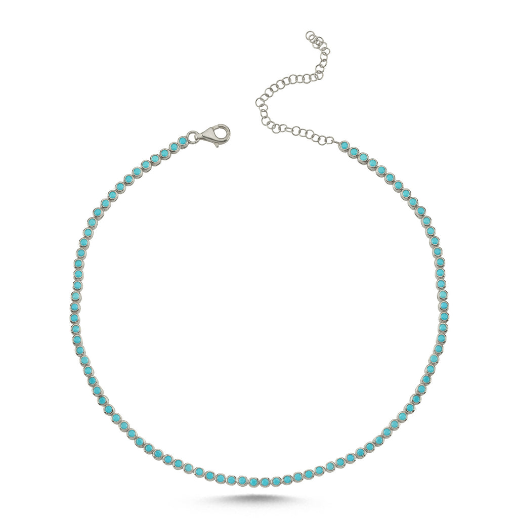 Trendy Turquoise Tennis Chain Necklace 925 Crt Sterling Silver Gold Plated Handcraft Wholesale Turkish Jewelry