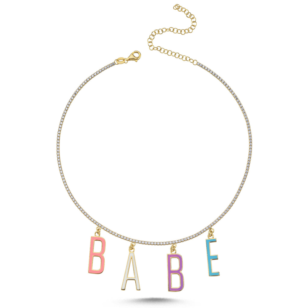 Trendy Tennis Chain Colorful Enamel Motto BABE Necklace 925 Crt Sterling Silver Gold Plated Handcraft Wholesale Turkish Jewelry