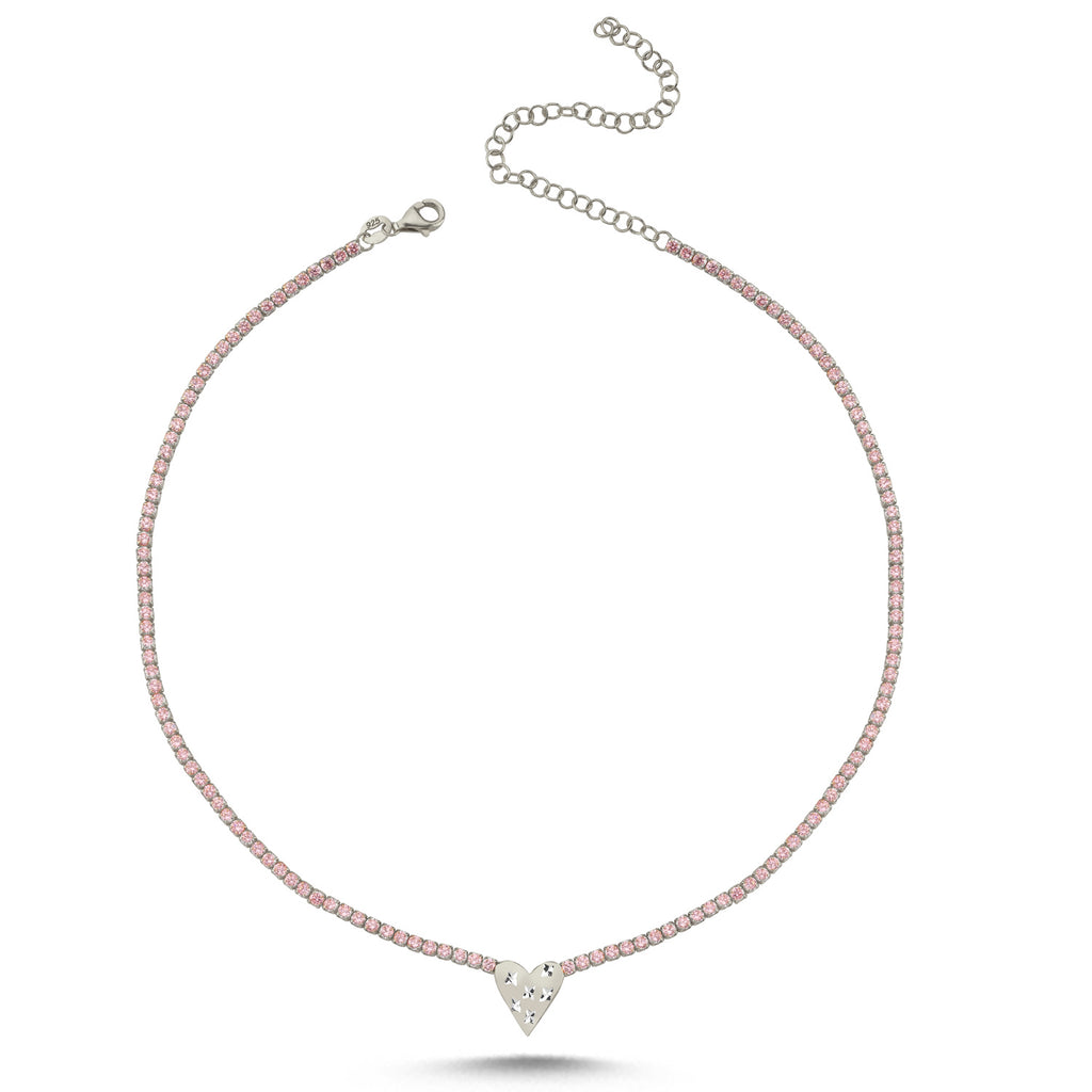 Trendy Pink Tennis Chain Heart Necklace 925 Crt Sterling Silver Gold Plated Handcraft Wholesale Turkish Jewelry