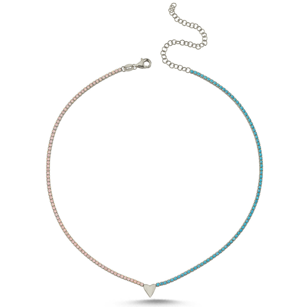 Trendy Aquamarine-White Tennis Chain Heart Necklace 925 Crt Sterling Silver Gold Plated Handcraft Wholesale Turkish Jewelry