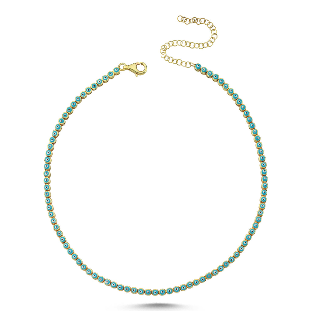 Trendy Tennis Chain Enamel Evieye Necklace 925 Crt Sterling Silver Gold Plated Handcraft Wholesale Turkish Jewelry