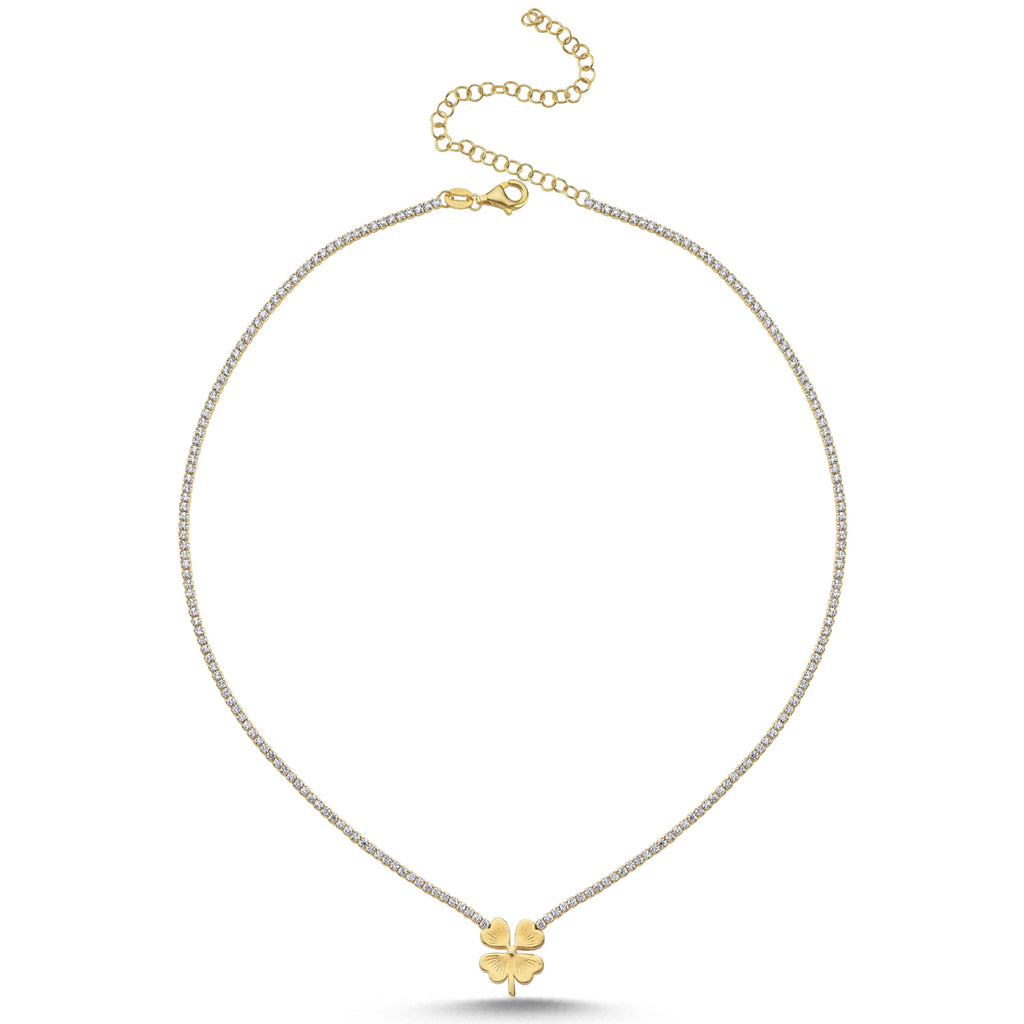 Trendy Tennis Chain Clover Necklace 925 Crt Sterling Silver Gold Plated Handcraft Wholesale Turkish Jewelry