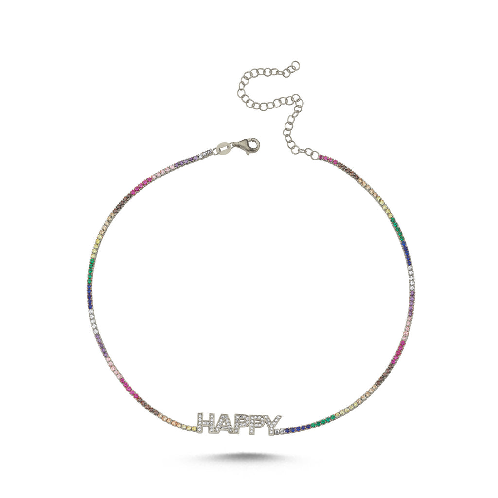 Trendy Colorful Tennis Chain Motto Happy Necklace 925 Crt Sterling Silver Gold Plated Handcraft Wholesale Turkish Jewelry