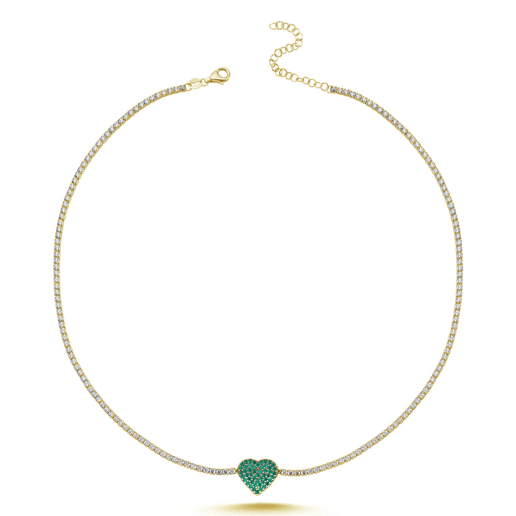 Trendy Tennis Chain Green Zirconia Heart Necklace 925 Crt Sterling Silver Gold Plated Handcraft Wholesale Turkish Jewelry