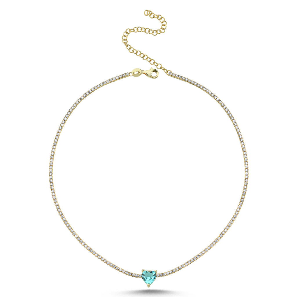 Trendy Tennis Chain Aquamarine Heart Cut Stone Necklace 925 Crt Sterling Silver Gold Plated Handcraft Wholesale Turkish Jewelry