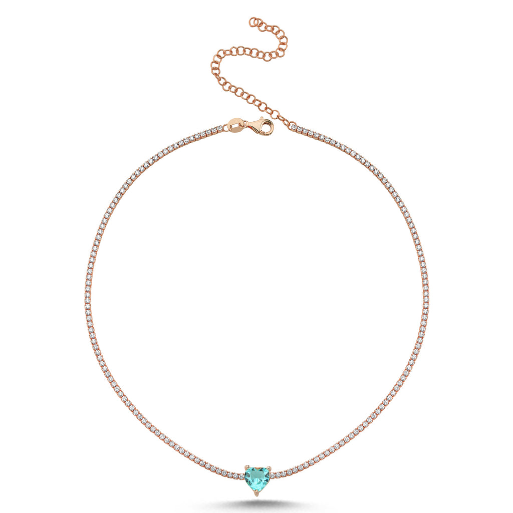 Trendy Tennis Chain Aquamarine Heart Cut Stone Necklace 925 Crt Sterling Silver Gold Plated Handcraft Wholesale Turkish Jewelry