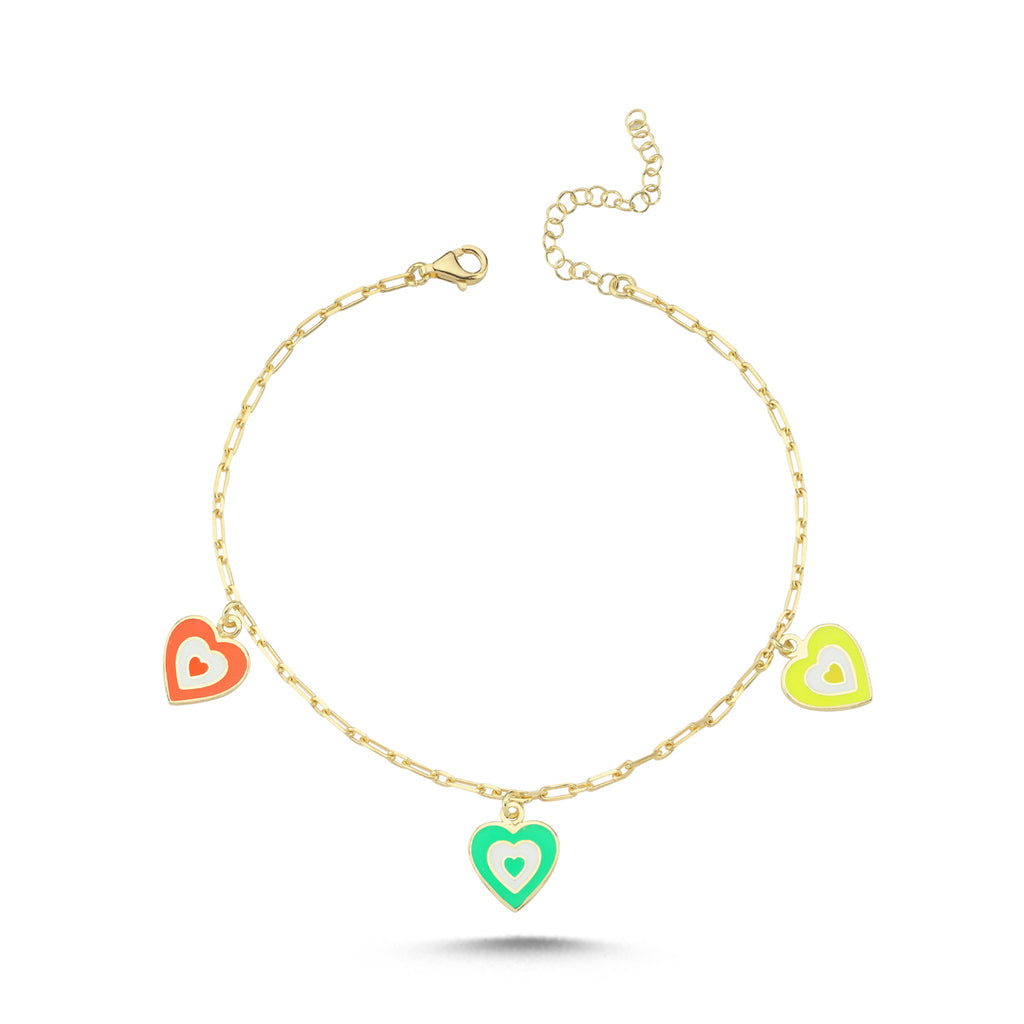 Trendy Mini Chunky Chain Colorful Enamel Hearts Anklet 925 Crt Sterling Silver Gold Plated Handcraft Wholesale Turkish Jewelry