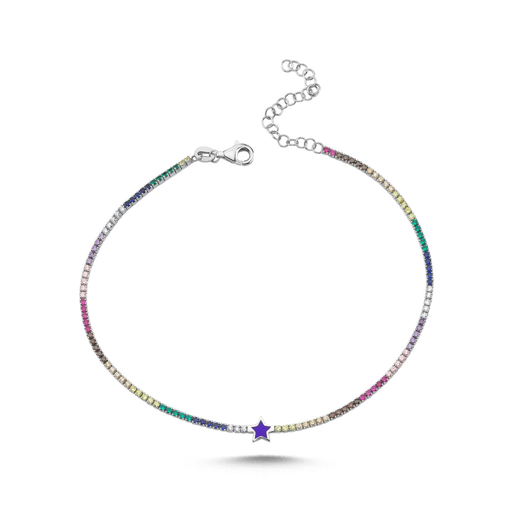 Trendy Colorful Tennis Chain Colorful Enamel Stars Anklet 925 Crt Sterling Silver Gold Plated Handcraft Wholesale Turkish Jewelry
