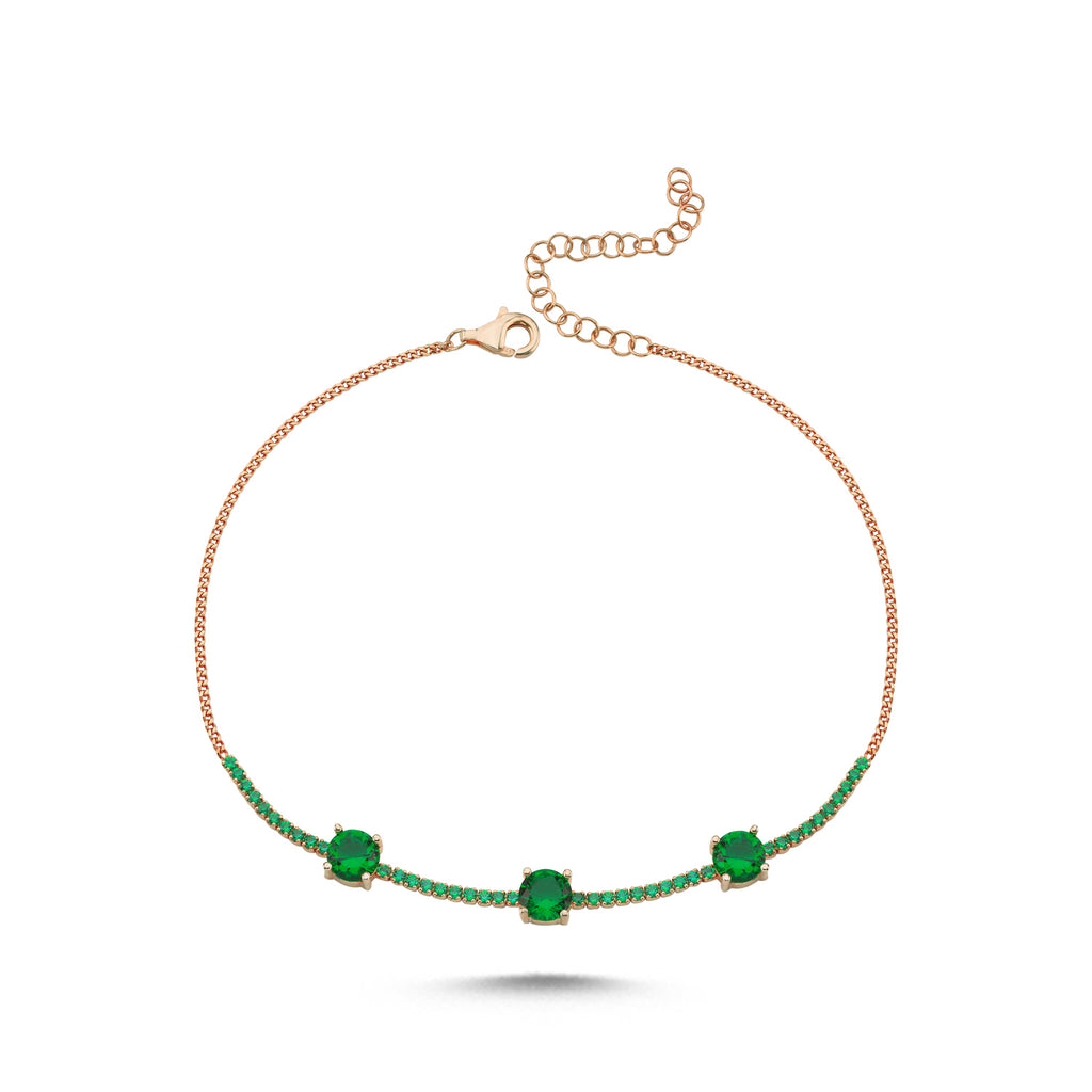 Trendy Tennis Chain Green Stones Anklet 925 Crt Sterling Silver Gold Plated Handcraft Wholesale Turkish Jewelry
