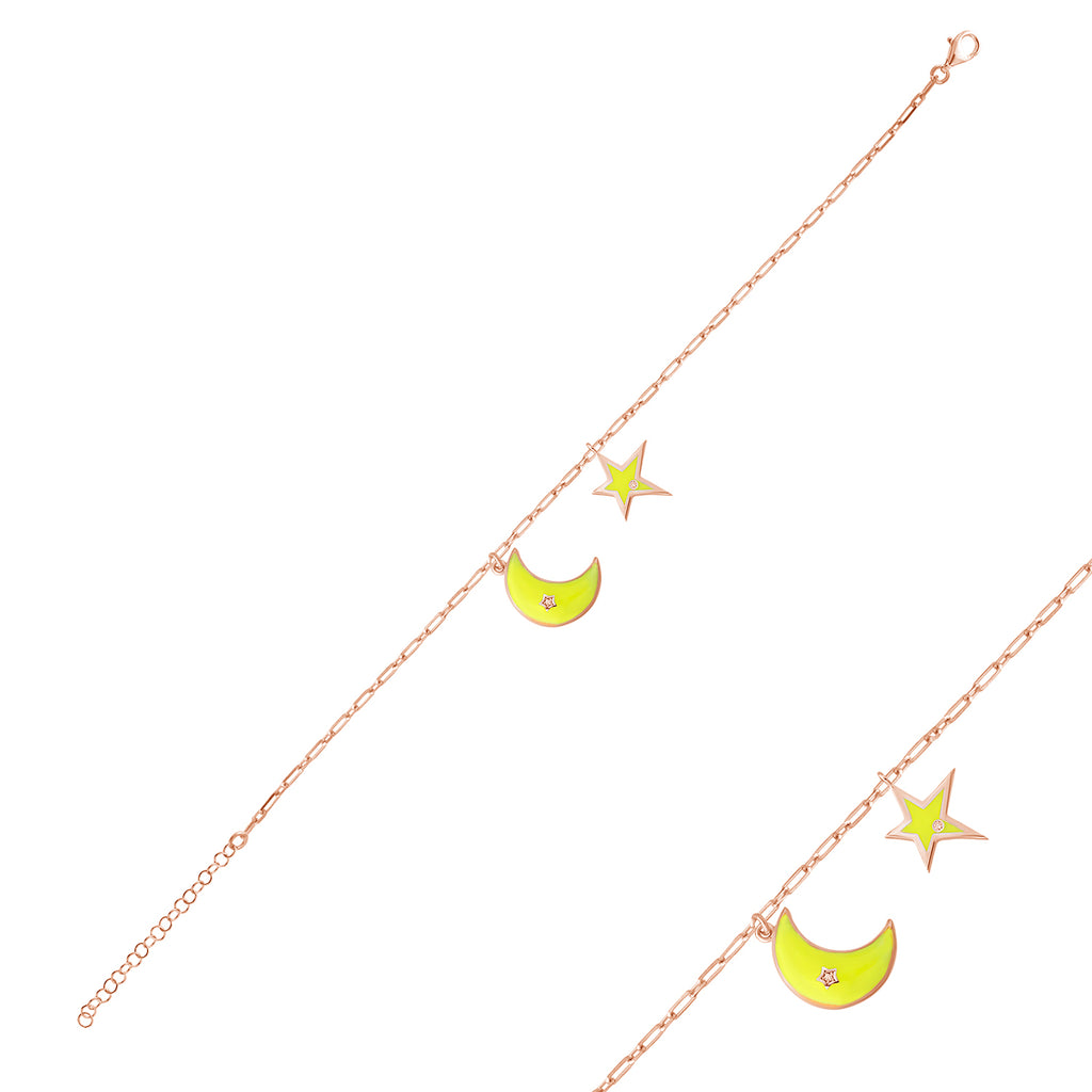 White Zircona Yellow Enamel Moon Star Gold Plated Anklet 925 Crt Sterling Silver Wholesale Turkish Jewelry