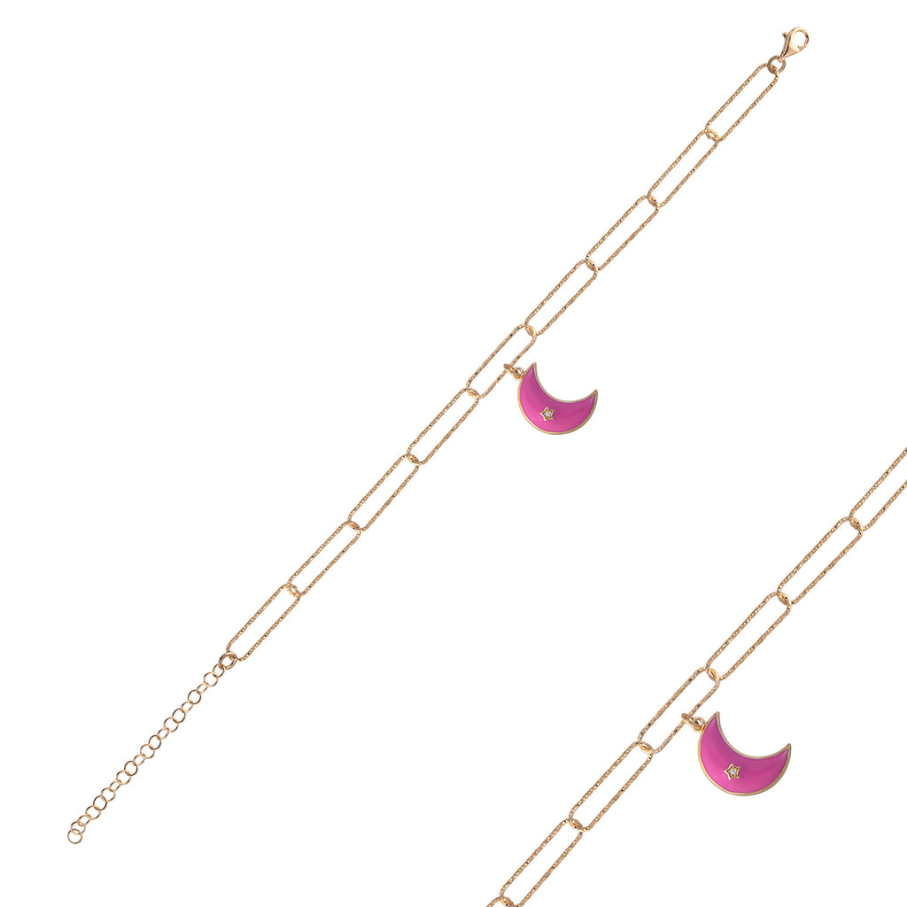 White Zircona Pink Enamel Moon Gold Plated Anklet 925 Crt Sterling Silver Wholesale Turkish Jewelry