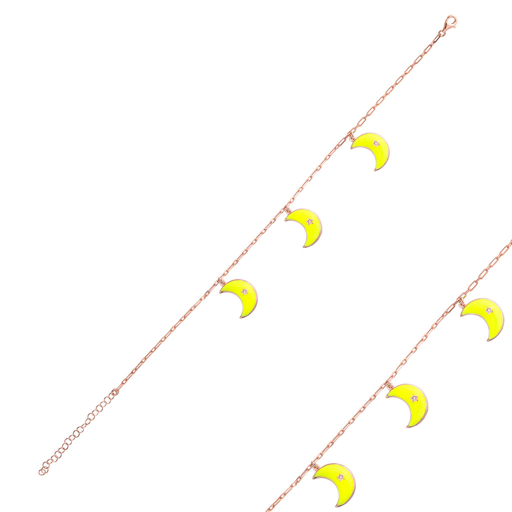 White Zirconia Yellow Enamel Moon Gold Plated Anklet 925 Crt Sterling Silver Wholesale Turkish Jewelry