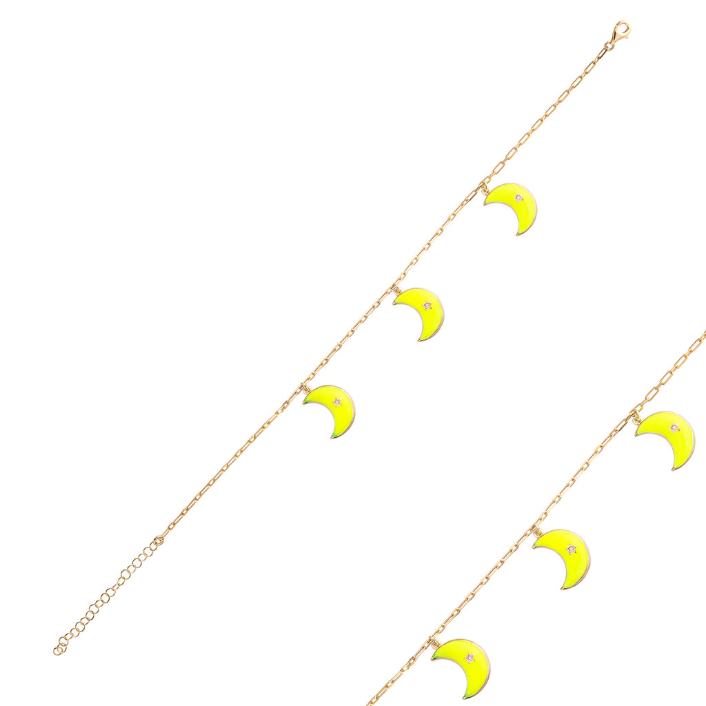 White Zirconia Yellow Enamel Moon Gold Plated Anklet 925 Crt Sterling Silver Wholesale Turkish Jewelry