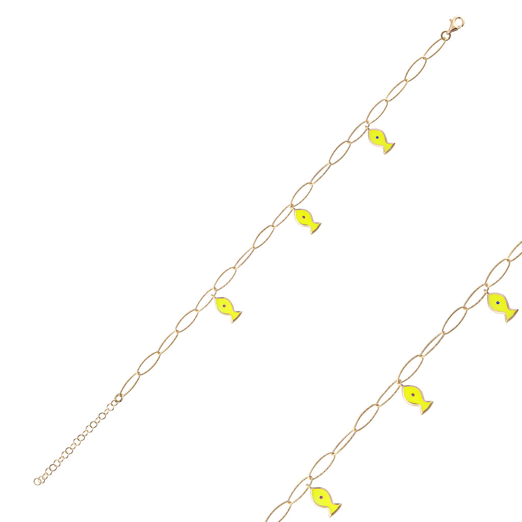 Black Zirconia Yellow Enamel Fish Gold Plated Anklet 925 Crt Sterling Silver Wholesale Turkish Jewelry