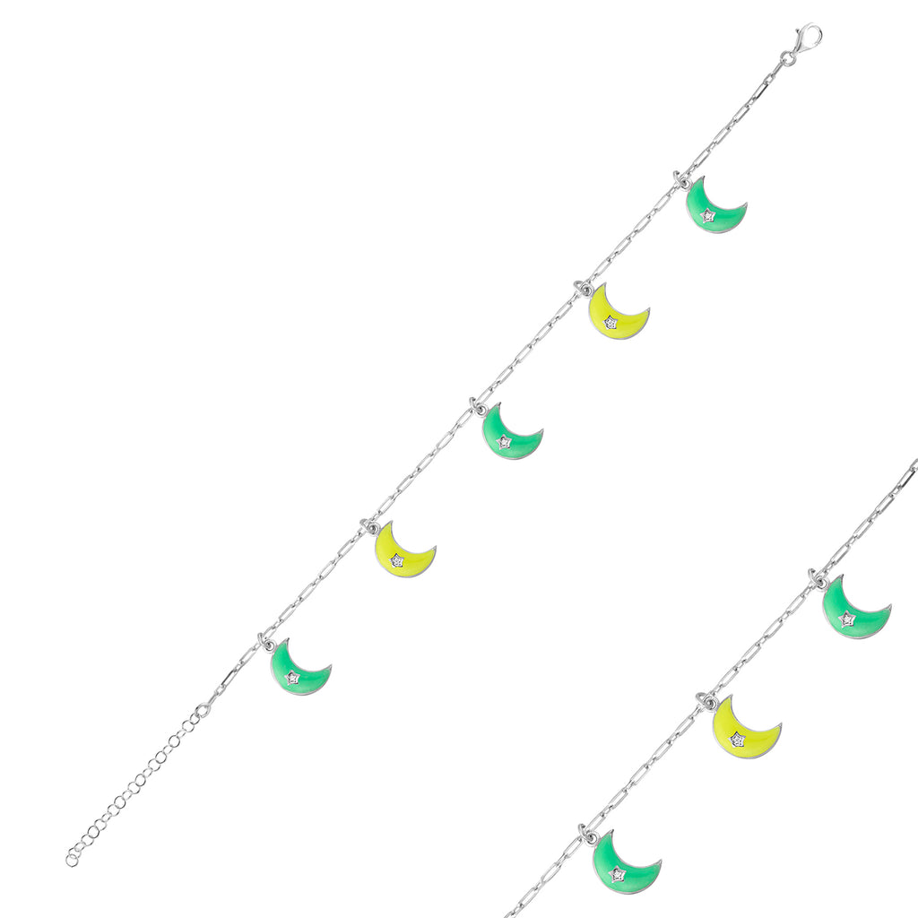 Colorful Zirconia Colorful Enamel Moon Gold Plated Anklet 925 Crt Sterling Silver Wholesale Turkish Jewelry