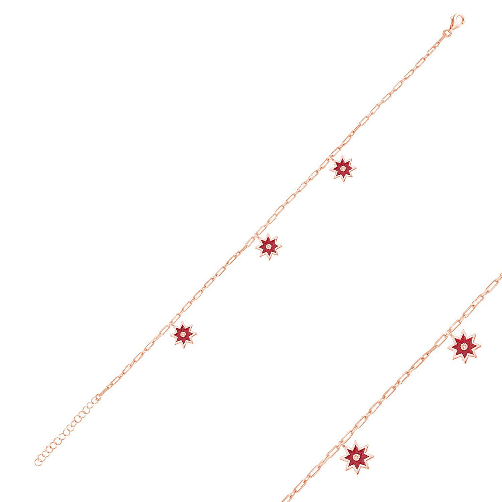 925 Crt Sterling Silver Gold Plated White Zirconia Eye Red Enamel Star Anklet Wholesale Turkish Jewelry