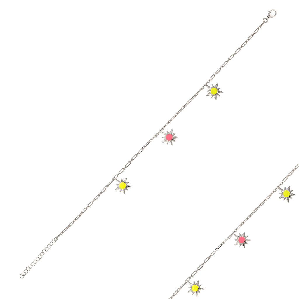 Colorful Zirconia Colorful Enamel Star Gold Plated Anklet 925 Crt Sterling Silver Wholesale Turkish Jewelry