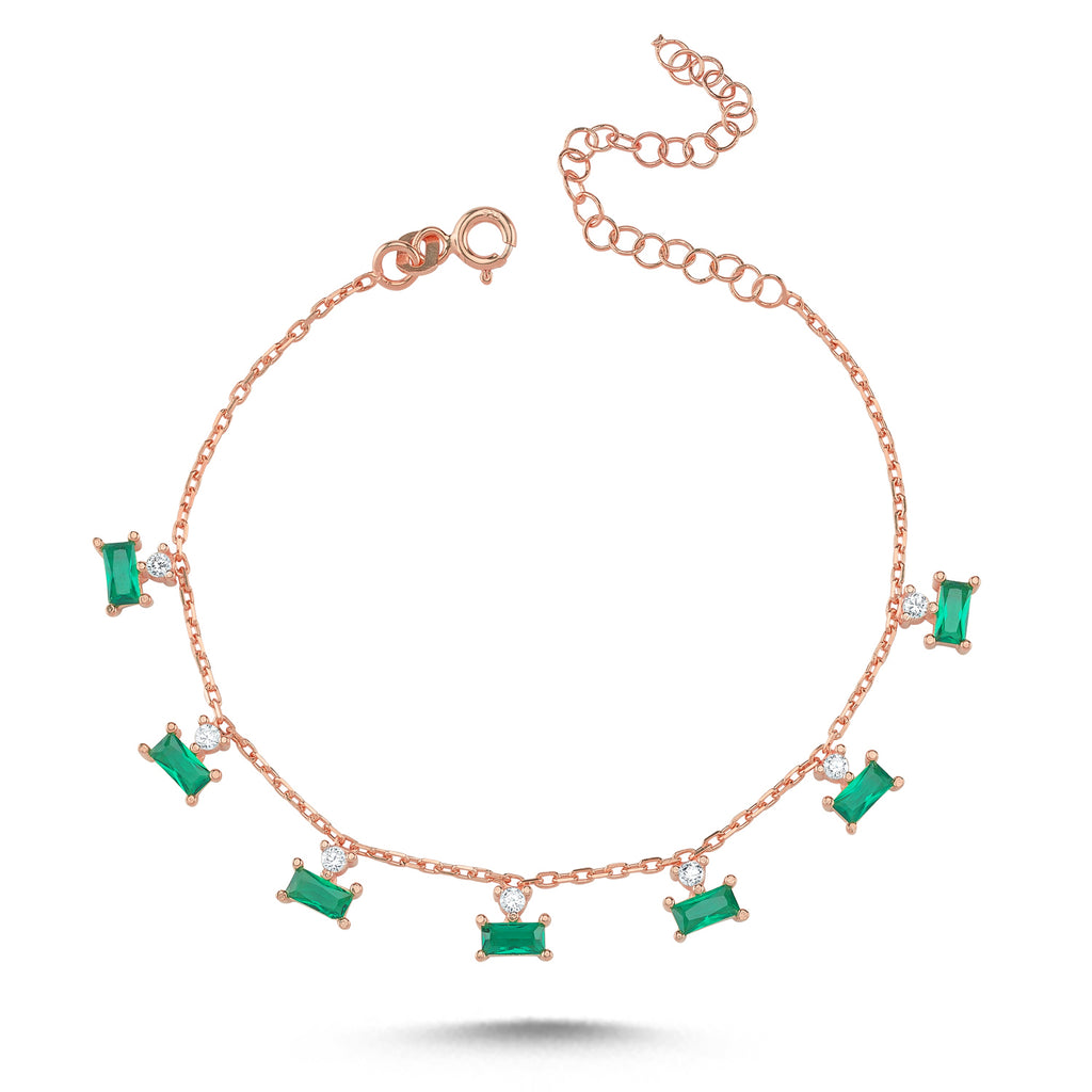 Hanging Green Baquette Anklet 925 Crt Sterling Silver Gold Plated Wholesale Turkish Jewelry