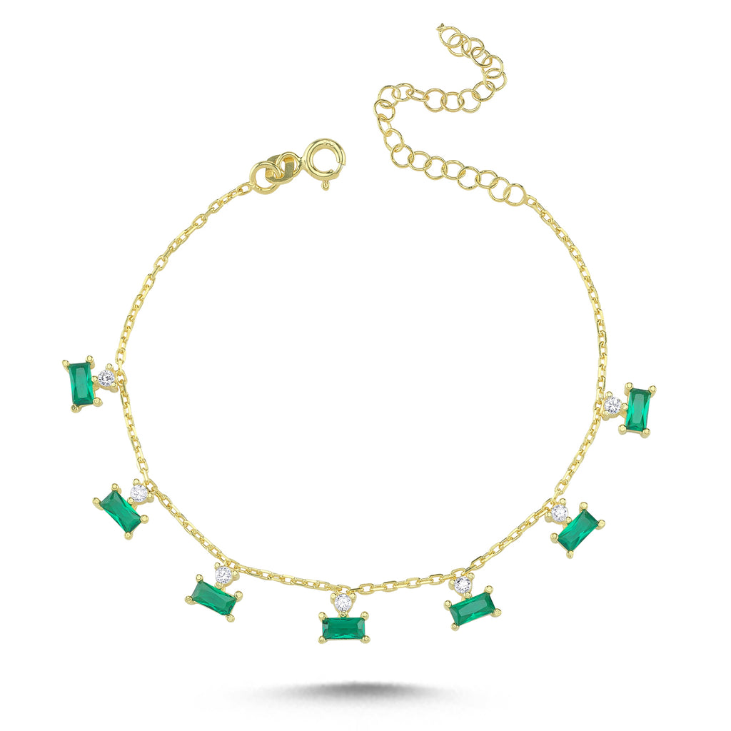 Hanging Green Baquette Anklet 925 Crt Sterling Silver Gold Plated Wholesale Turkish Jewelry