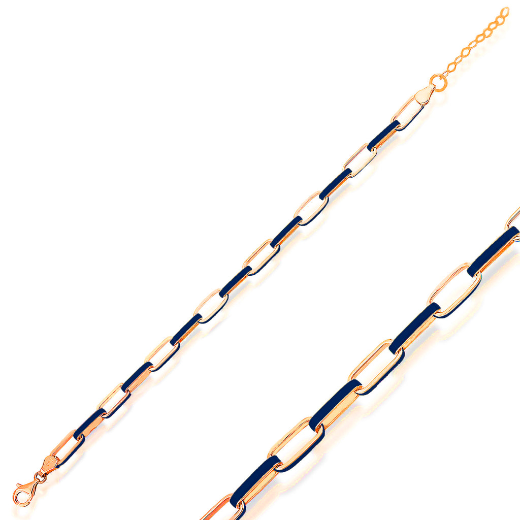 Navy Enamel Paperclip Chain Gold Plated Trendy Bracelet Wholesale 925 Crt Sterling Silver  Turkish Jewelry