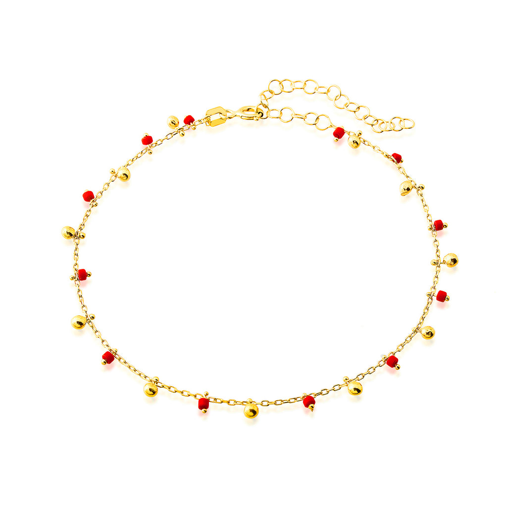 Red Bead And Mini Ball Gold Plated Bracelet Wholesale 925 Crt Sterling Silver Turkish Jewelry