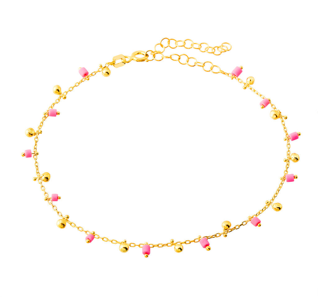 Pink Bead And Mini Ball Gold Plated Bracelet Wholesale 925 Crt Sterling Silver Turkish Jewelry
