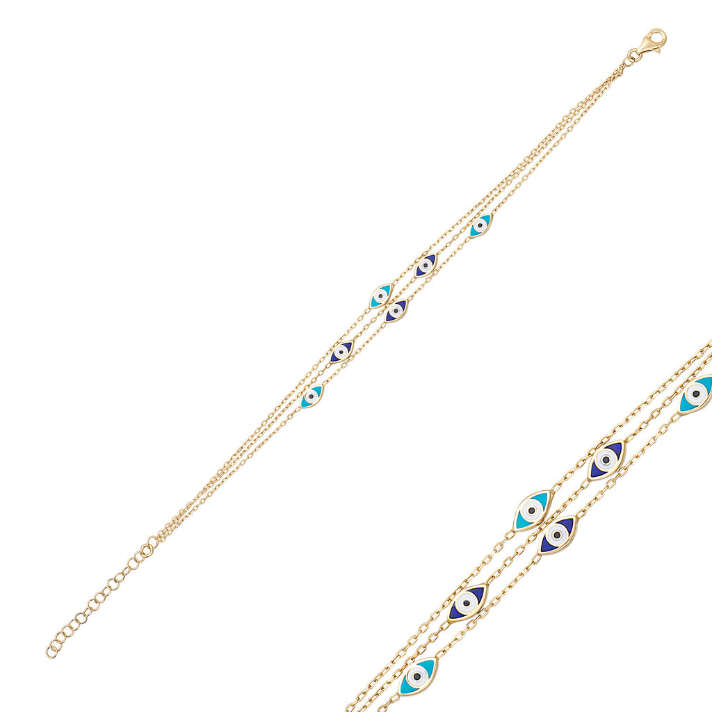 925 Crt Sterling Silver Gold Plated Navy Blue-Turquoise Enamel Evileye 3 Row Bracelet Wholesale Turkish Jewelry