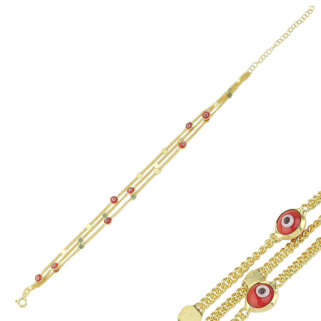 Three Line Red Evil Eye Bracelet 925 Crt Sterling Silver Gold Plated Wholesale Turkish Jewelry